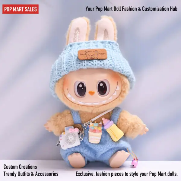 Labubu (Gen 1 & Gen 2) Lovely Outfits – Bottle & Overalls Set (Blue)